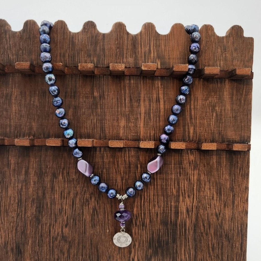 Artisan Sterling Necklace Earring Set OS Purple Peacock Pearl Amethyst Boho Coin